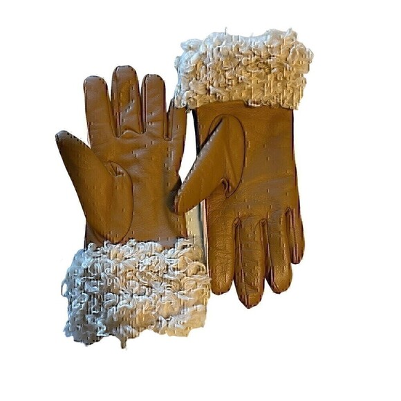 Vegan Leather Cream Black Brown Sherpa trim Womens lined gloves size Small - Picture 2 of 6